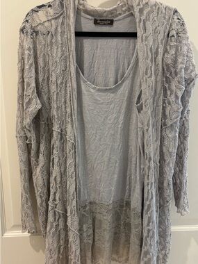 Surrealist Lace Open-Front Layered Tank and Cardigan Set - Light Gray